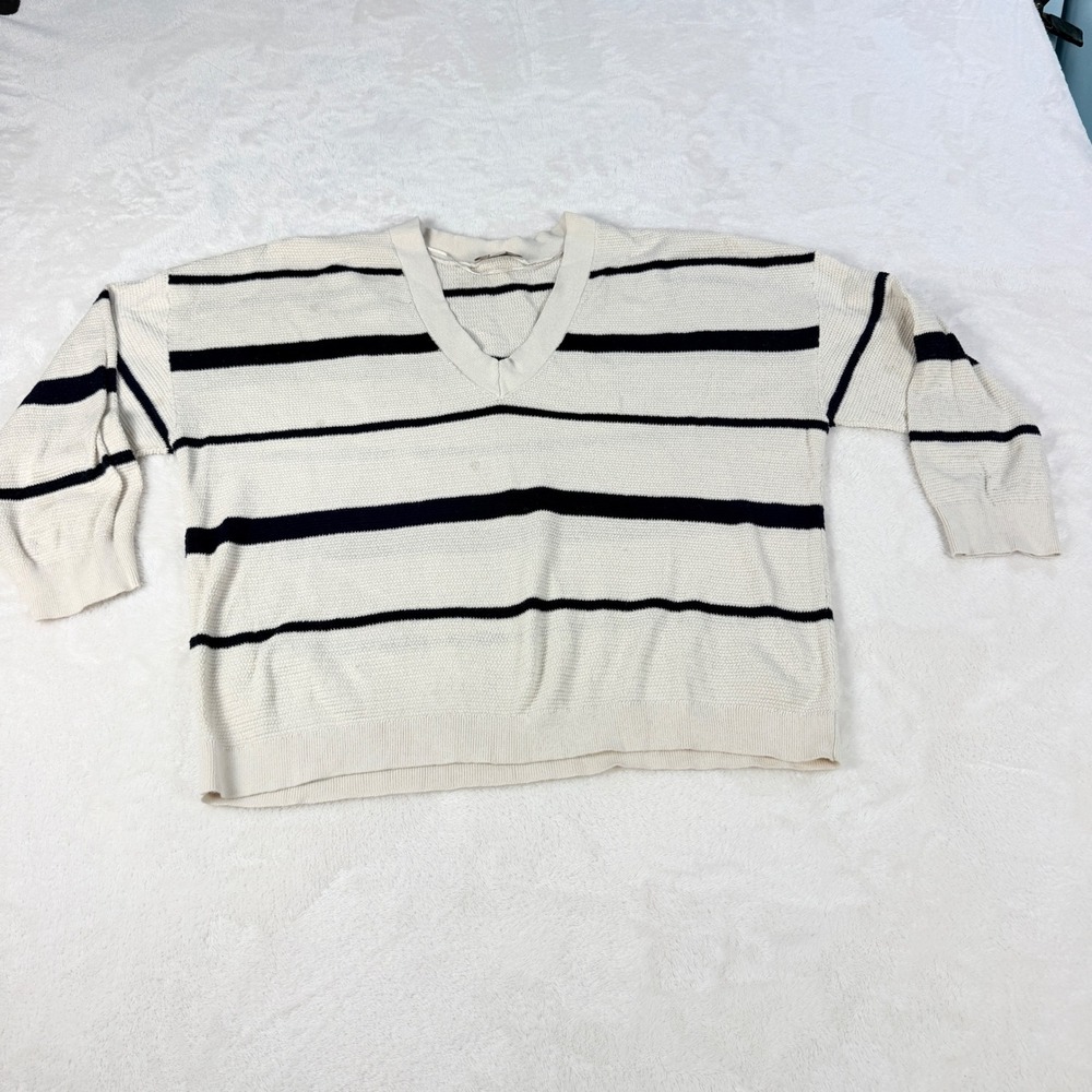 LOFT Outlet Striped V Neck Sweater Womens XL Cream Navy Cotton Breton Nautical